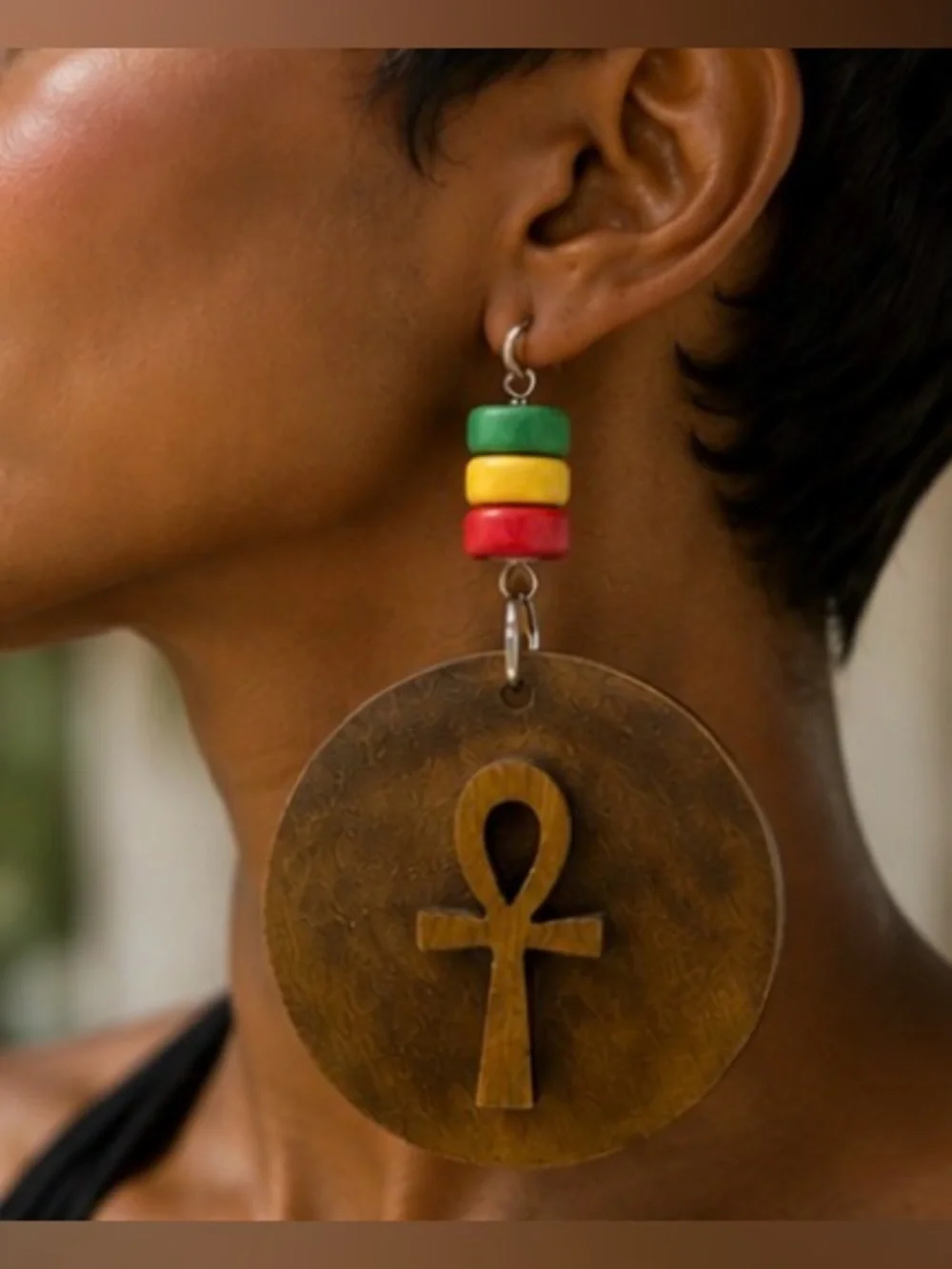 Handcrafted Green Yellow Red and Wood Ankh Drop Earrings